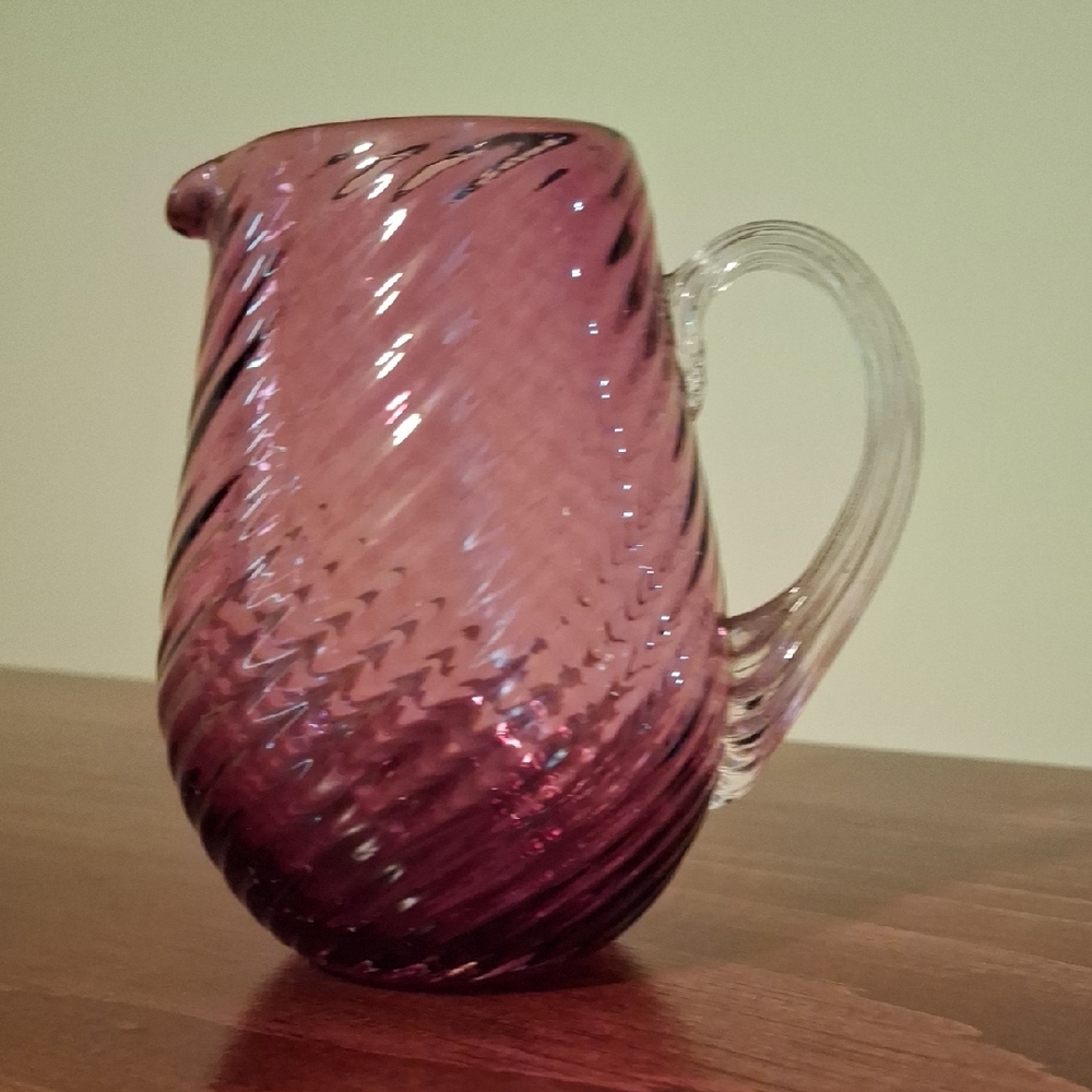 Vintage Cranberry Glass Pitcher W/Optic Swirl & Applied Clear Glass Rib Handle